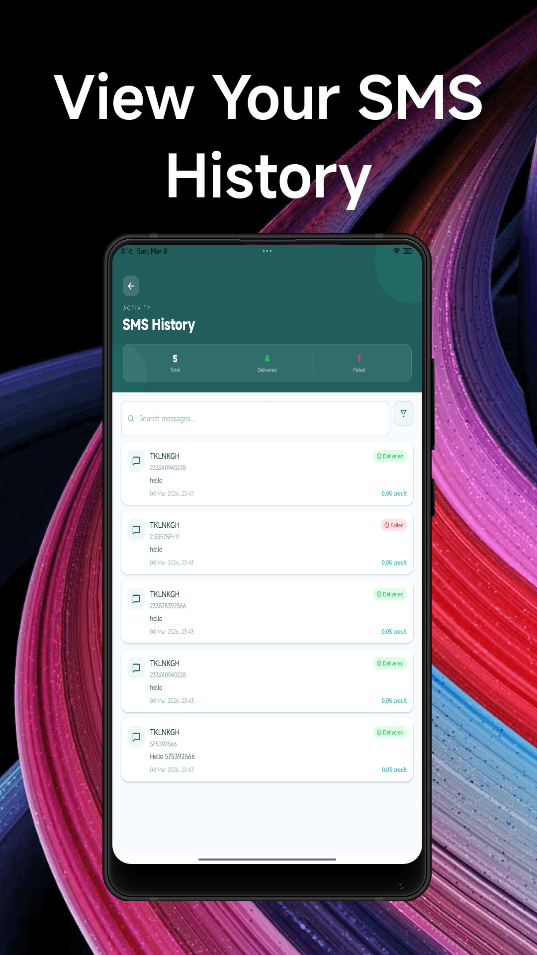 SMS delivery reports and history on Techlink SMS
