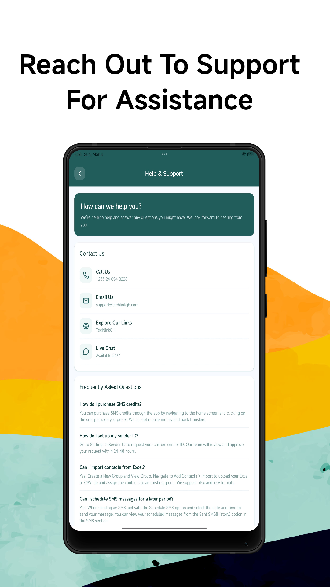 Contact Techlink SMS support from the app
