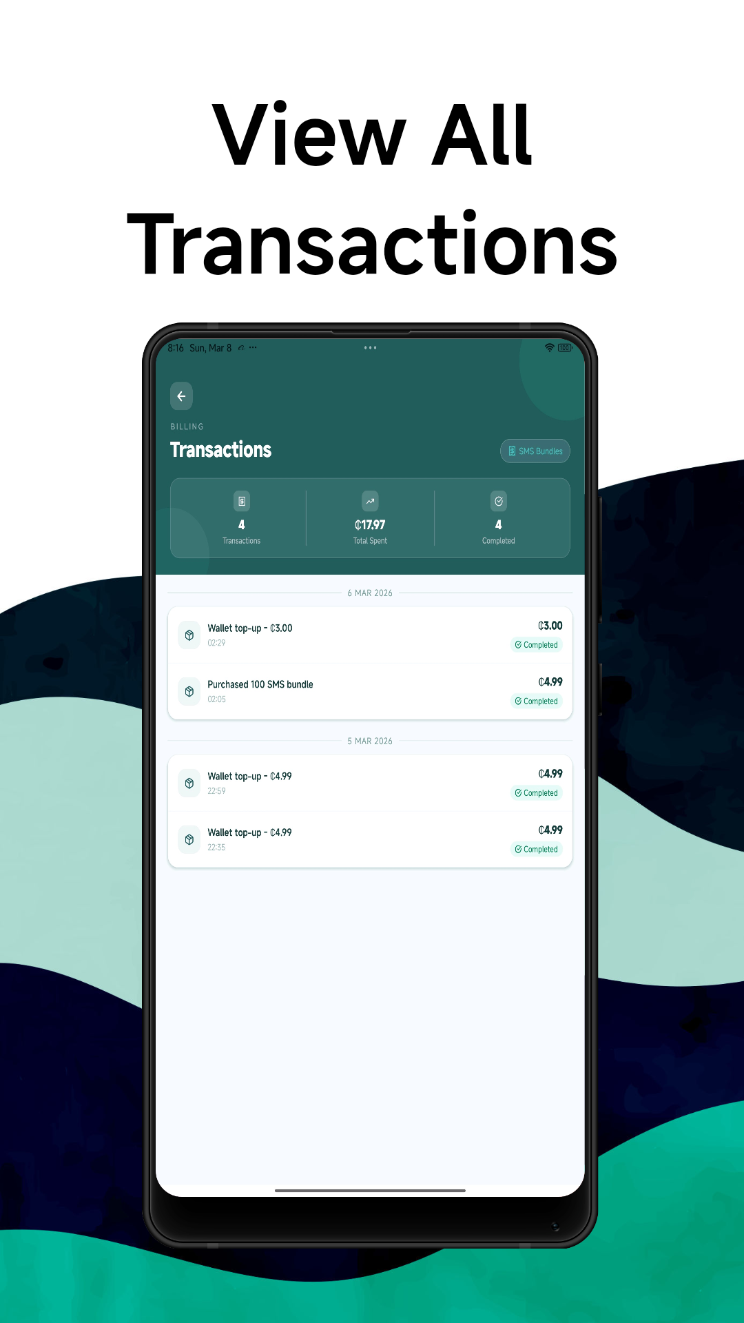 View transactions on Techlink SMS Android App