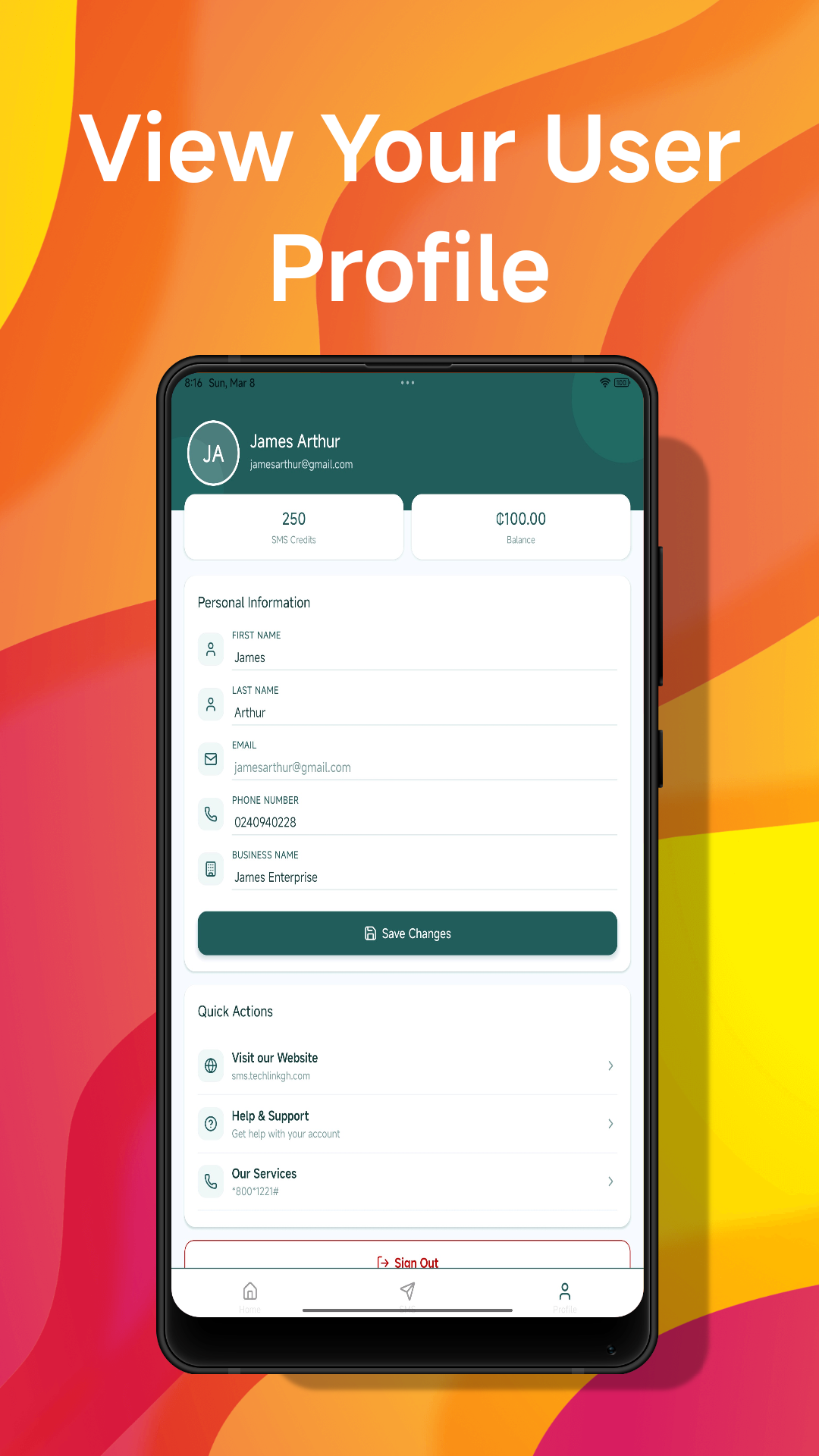 View user profile on Techlink SMS App